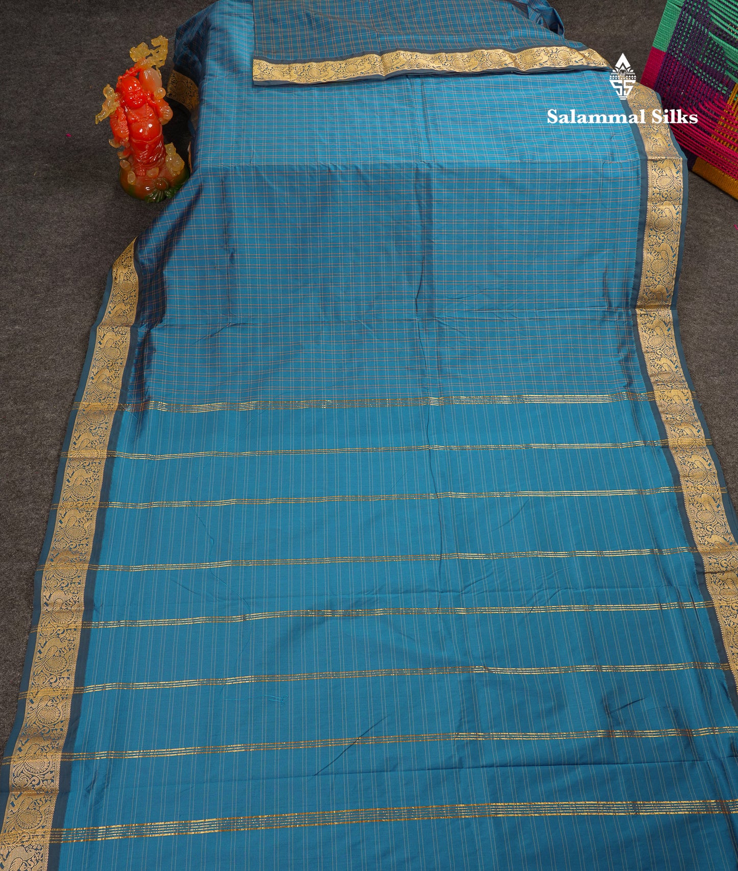10 Yards Art Silk Saree Peacock Blue Checks with Traditional Border