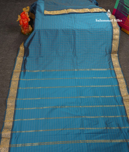 10 Yards Art Silk Saree Peacock Blue Checks with Traditional Border