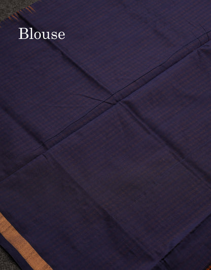 Beautiful Mustard Yellow & Navy Blue Tiny Checks Semi Silk Cotton Saree With Contrast Navy Blue Blouse