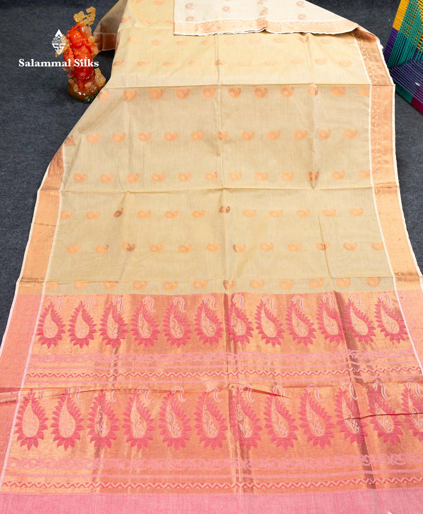 Beautiful Cream Sandal Zari Butta Pure Cotton Saree With Contrast Onion Pink Blouse