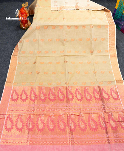 Beautiful Cream Sandal Zari Butta Pure Cotton Saree With Contrast Onion Pink Blouse