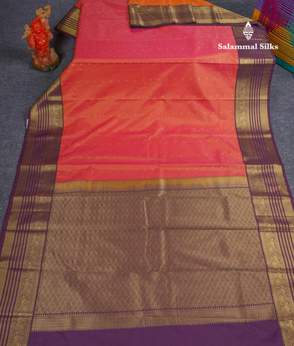Beautiful Dual Tone Pinkish Orange Semi Silk Saree With Contrast Dark Violet Traditional Border