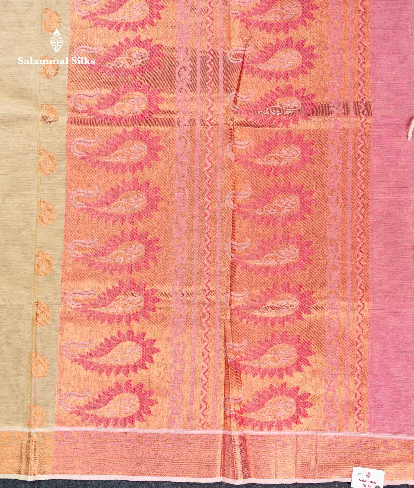Beautiful Cream Sandal Zari Butta Pure Cotton Saree With Contrast Onion Pink Blouse