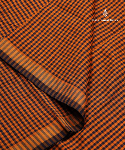 Beautiful Mustard Yellow & Navy Blue Tiny Checks Semi Silk Cotton Saree With Contrast Navy Blue Blouse