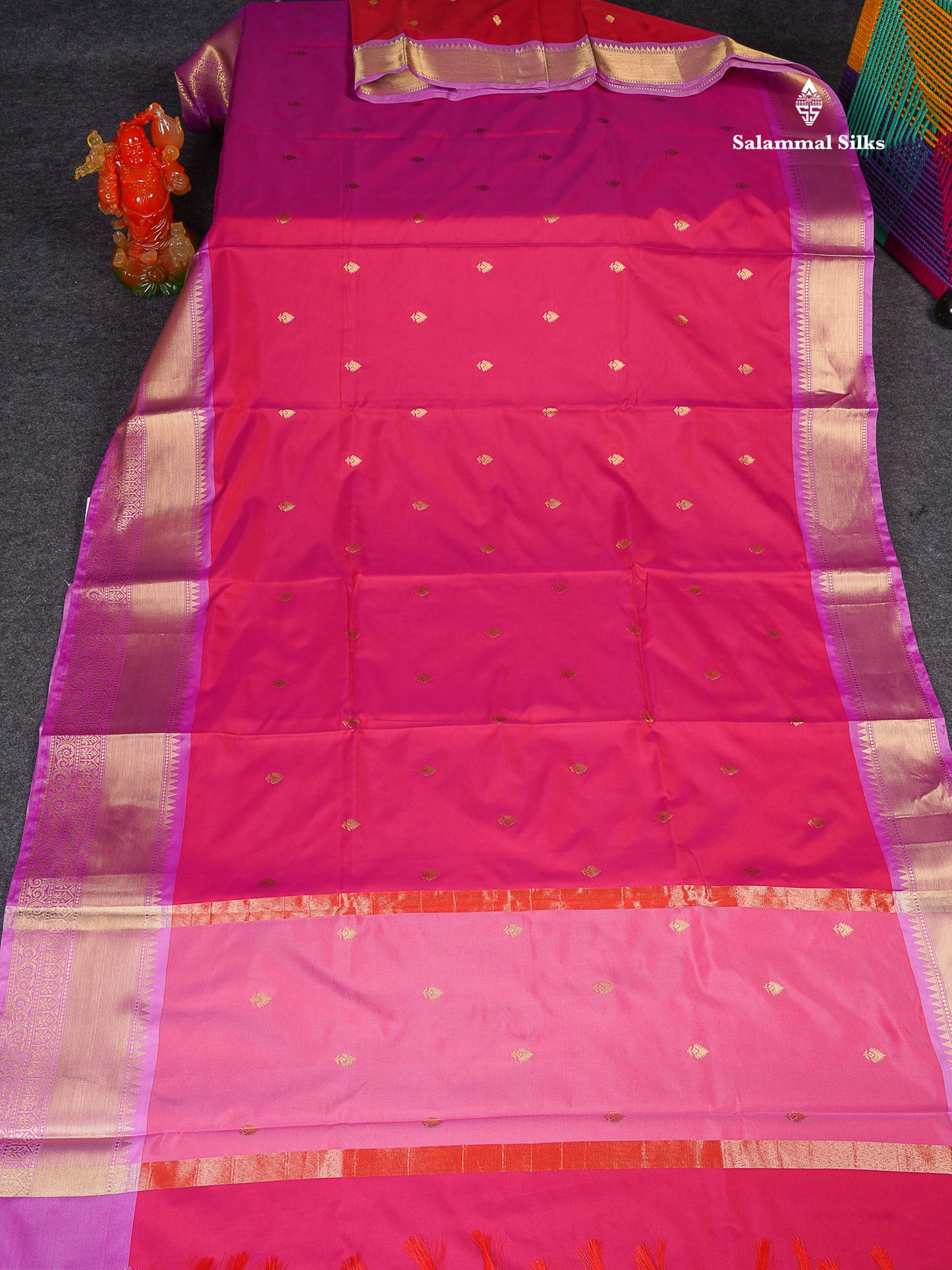 Semi Silk Saree - Rani Pink Colour Body Zari Butta With Contrast Light Pink Blouse