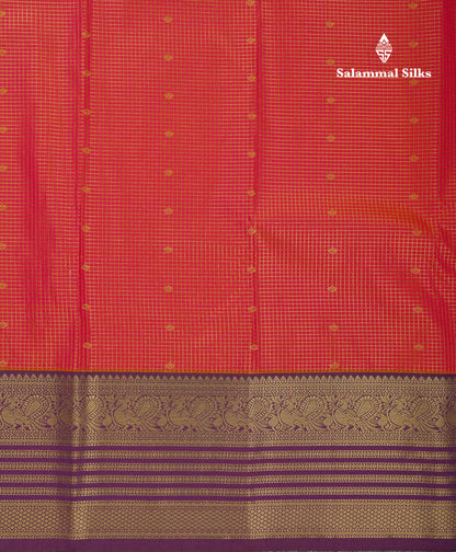 Beautiful Dual Tone Pinkish Orange Semi Silk Saree With Contrast Dark Violet Traditional Border