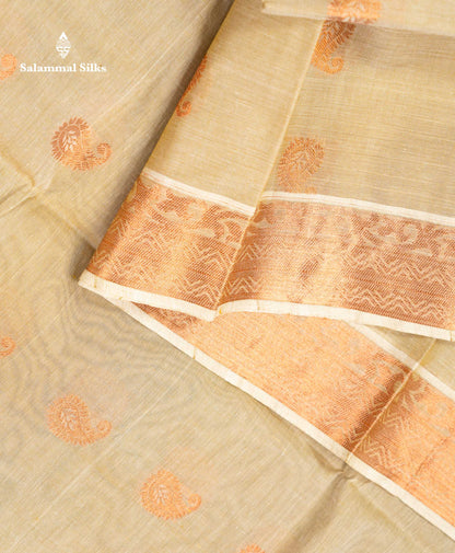 Beautiful Cream Sandal Zari Butta Pure Cotton Saree With Contrast Onion Pink Blouse