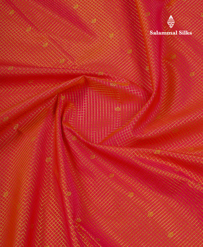 Beautiful Dual Tone Pinkish Orange Semi Silk Saree With Contrast Dark Violet Traditional Border