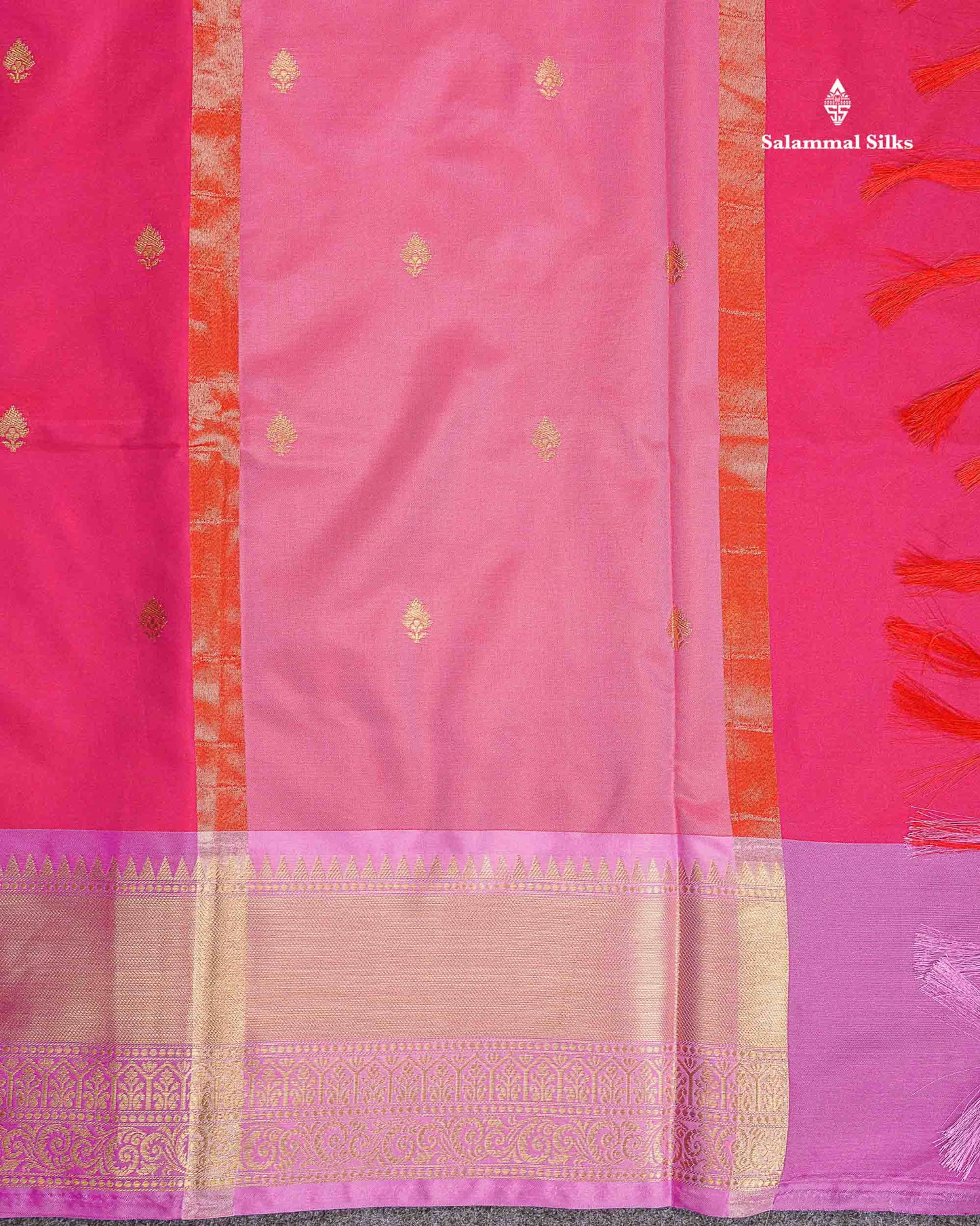 Semi Silk Saree - Rani Pink Colour Body Zari Butta With Contrast Light Pink Blouse