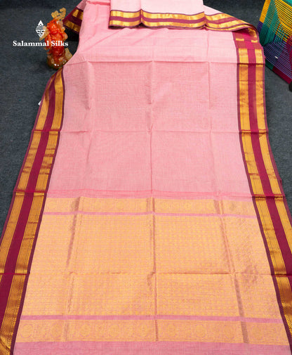 Beautiful Onion Pink Small Checks Pure Cotton Saree With Contrast Dual Tone Magenta Traditional Gap Border