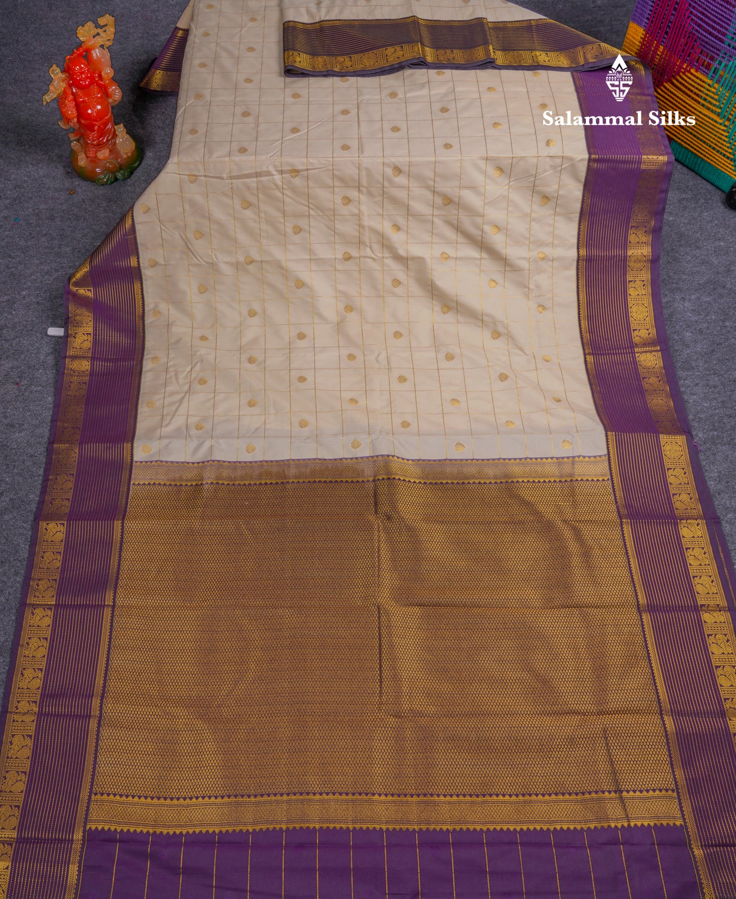 Beautiful Half White Zari Checks Semi Silk Saree With Contrast Dark Violet Border