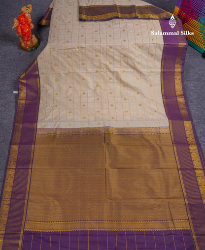 Beautiful Half White Zari Checks Semi Silk Saree With Contrast Dark Violet Border