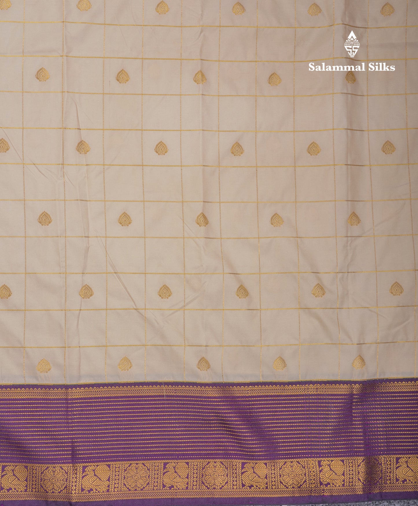 Beautiful Half White Zari Checks Semi Silk Saree With Contrast Dark Violet Border