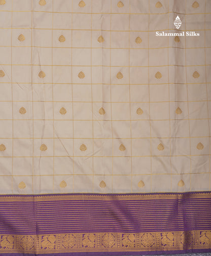 Beautiful Half White Zari Checks Semi Silk Saree With Contrast Dark Violet Border