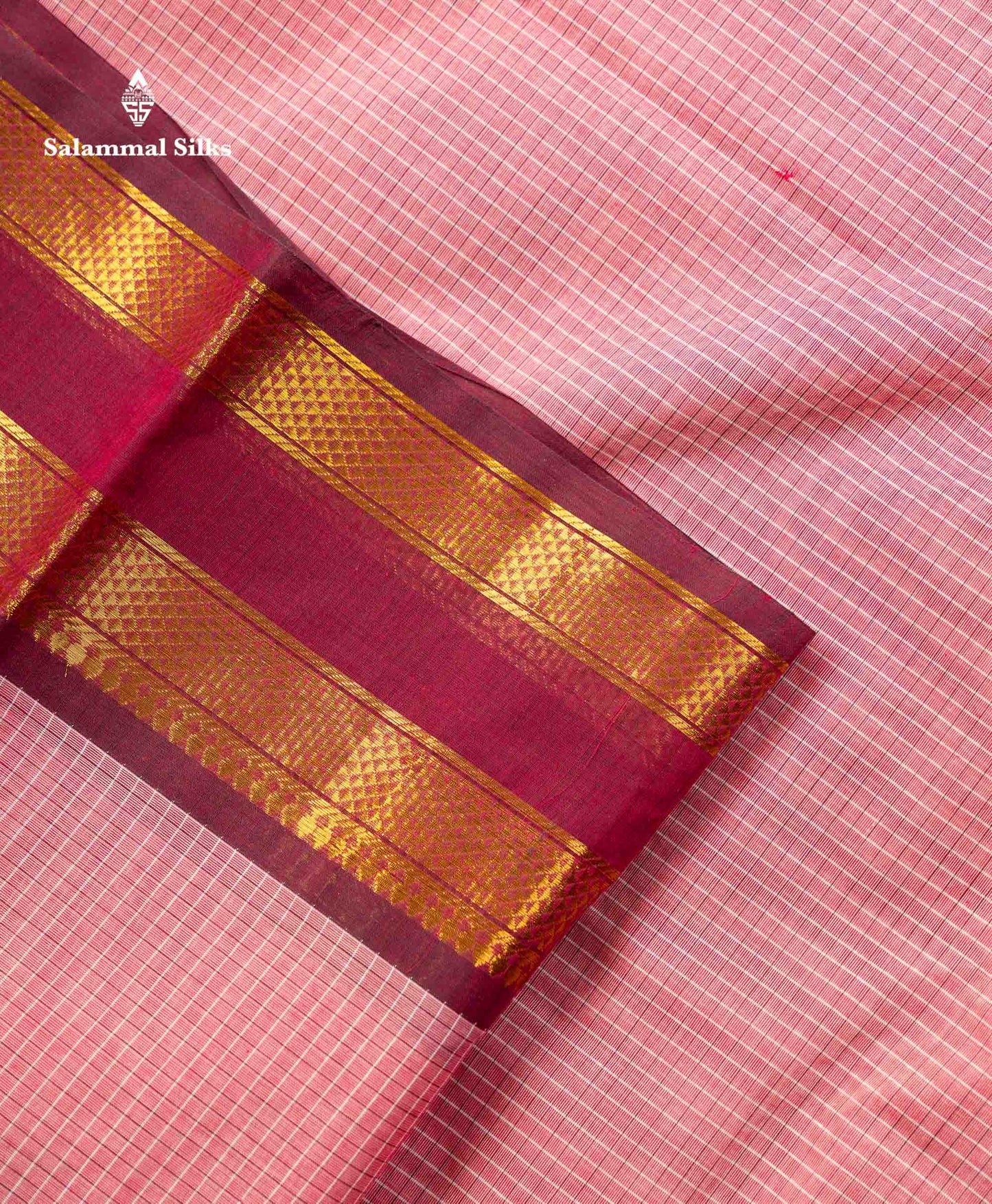 Beautiful Onion Pink Small Checks Pure Cotton Saree With Contrast Dual Tone Magenta Traditional Gap Border