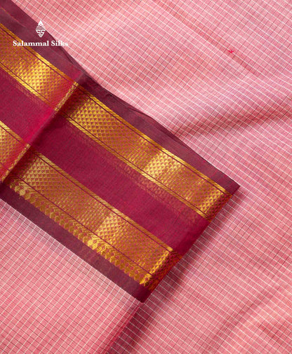 Beautiful Onion Pink Small Checks Pure Cotton Saree With Contrast Dual Tone Magenta Traditional Gap Border