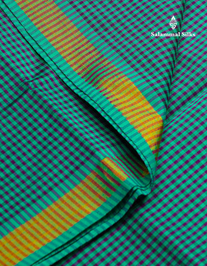 Beautiful Mustard Yellow & Navy Blue Tiny Checks Semi Silk Cotton Saree With Contrast Navy Blue Blouse