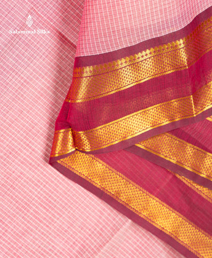 Beautiful Onion Pink Small Checks Pure Cotton Saree With Contrast Dual Tone Magenta Traditional Gap Border