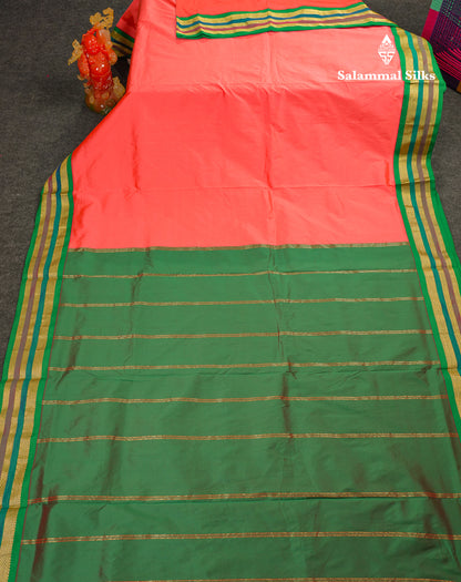 10.5 Yards Semi Silk Saree Green With Contrast Pink Traditional Border