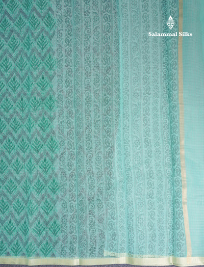 Sapphire Green Kota Cotton Saree With Small Ribbon Border