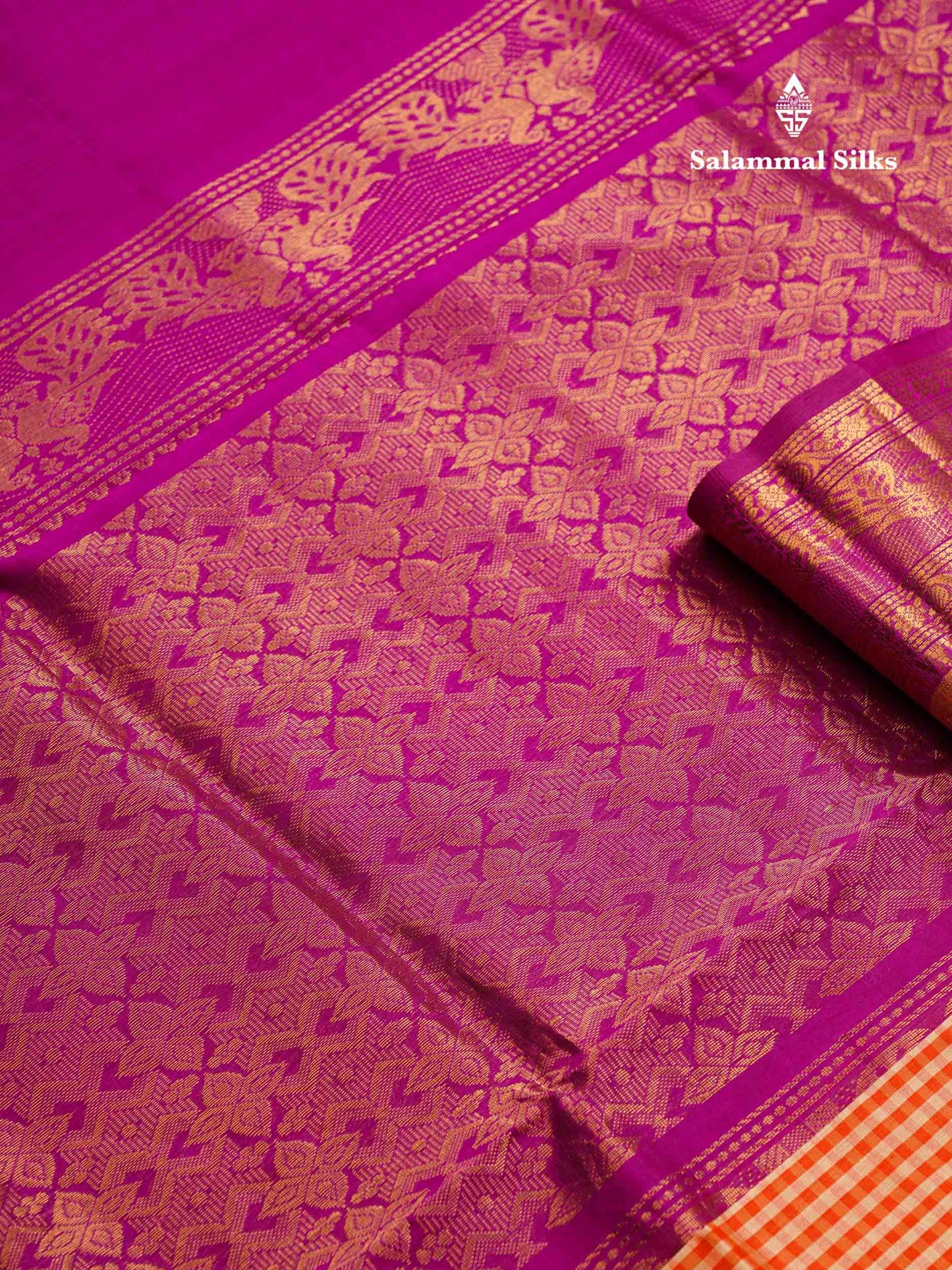 Beautiful Orange & Beige Tiny Checks Pure Silk Cotton Saree With Contrast Purple Traditional Evening Morning Border