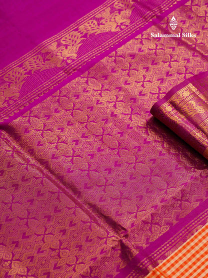 Beautiful Orange & Beige Tiny Checks Pure Silk Cotton Saree With Contrast Purple Traditional Evening Morning Border