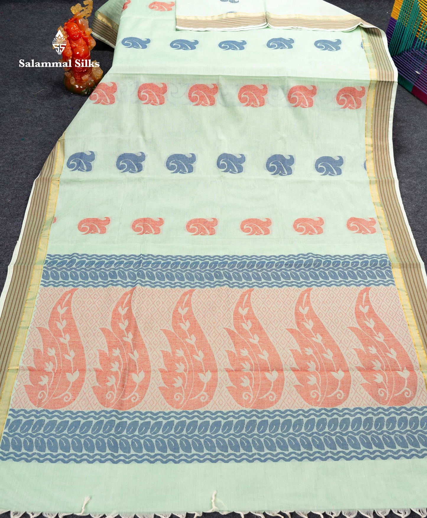 Beautiful Light Rexona Thread Butta Pure Cotton Saree With Blouse