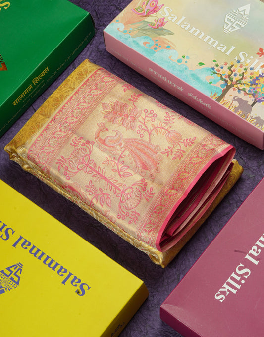 Beautiful Sandal Tissue Bridal Pure Kanjivaram Silk Saree With Contrast Meenakari Work Pink Border