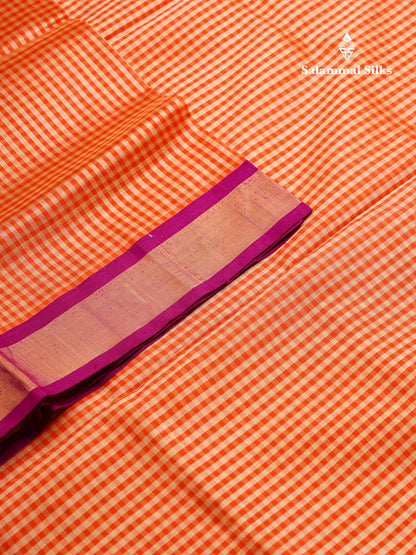 Beautiful Orange & Beige Tiny Checks Pure Silk Cotton Saree With Contrast Purple Traditional Evening Morning Border