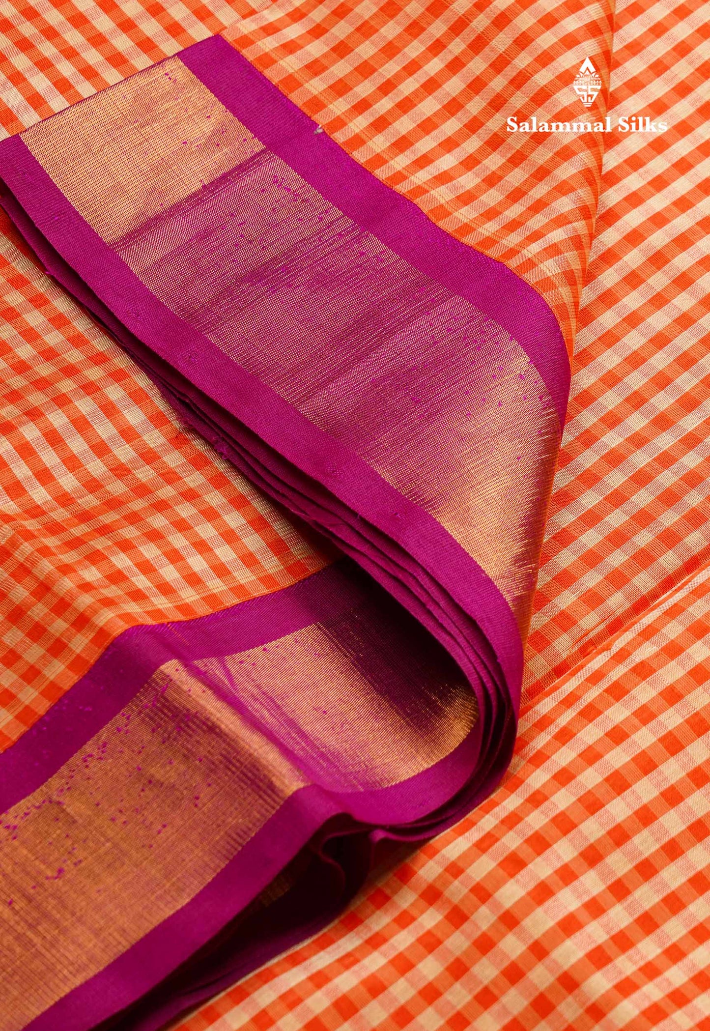 Beautiful Orange & Beige Tiny Checks Pure Silk Cotton Saree With Contrast Purple Traditional Evening Morning Border