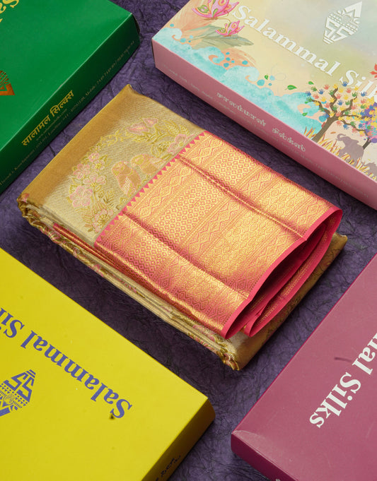 Beautiful Gold Tissue Bridal Pure Kanjivaram Silk Saree With Contrast Pink Traditional Border