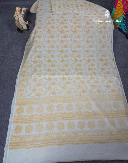 White Floral Print Cotton Mix Saree With One Side Border