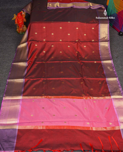 Semi Silk Saree - Dark Maroon Colour Body Zari Butta With Contrast Light Pink Blouse
