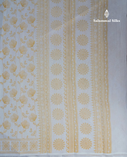 White Floral Print Cotton Mix Saree With One Side Border