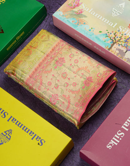 Beautiful Light Green Tissue Bridal Pure Kanjivaram Silk Saree With Contrast Meenakari Work  Light Pink Border