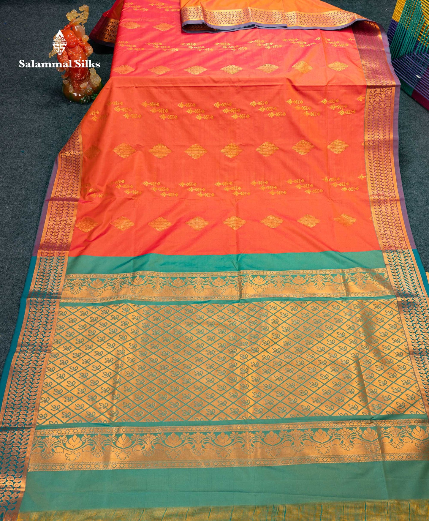 Beautiful Orange Zari Butta Semi Silk Saree With Contrast Sapphire Green Blouse