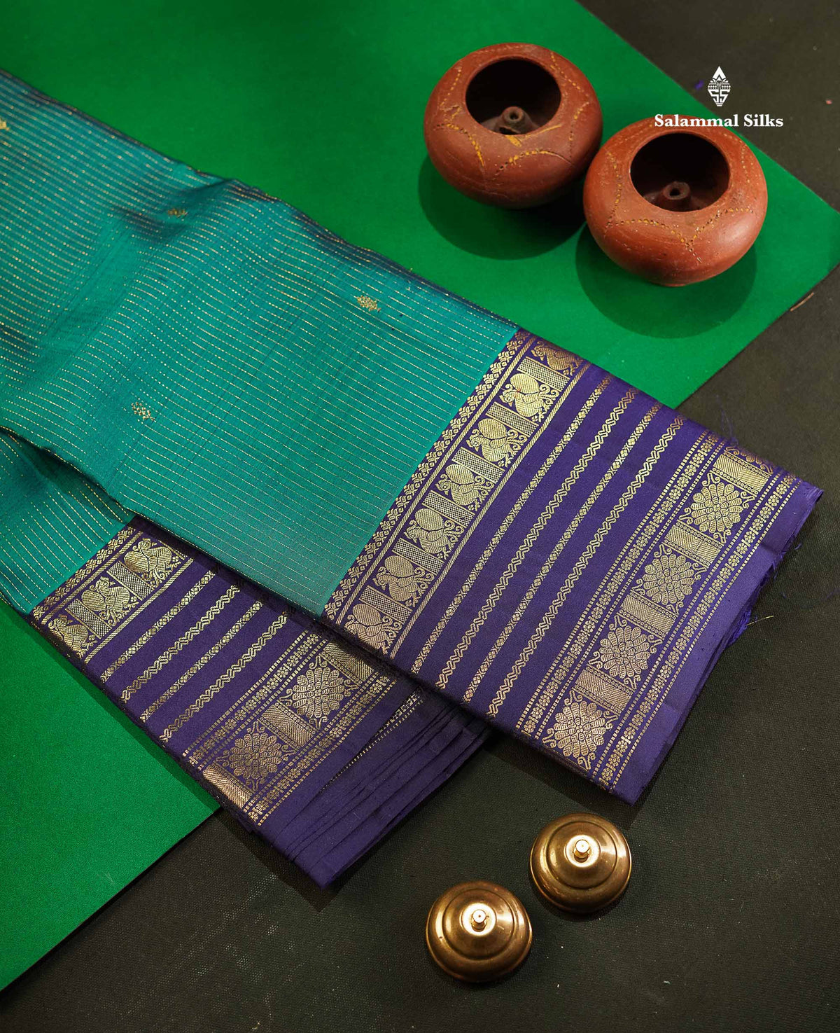 Pure Kanjivaram Silk Saree - Petrol Blue Colour Body Vertical Lines With Butta & Navy Blue Traditional Border