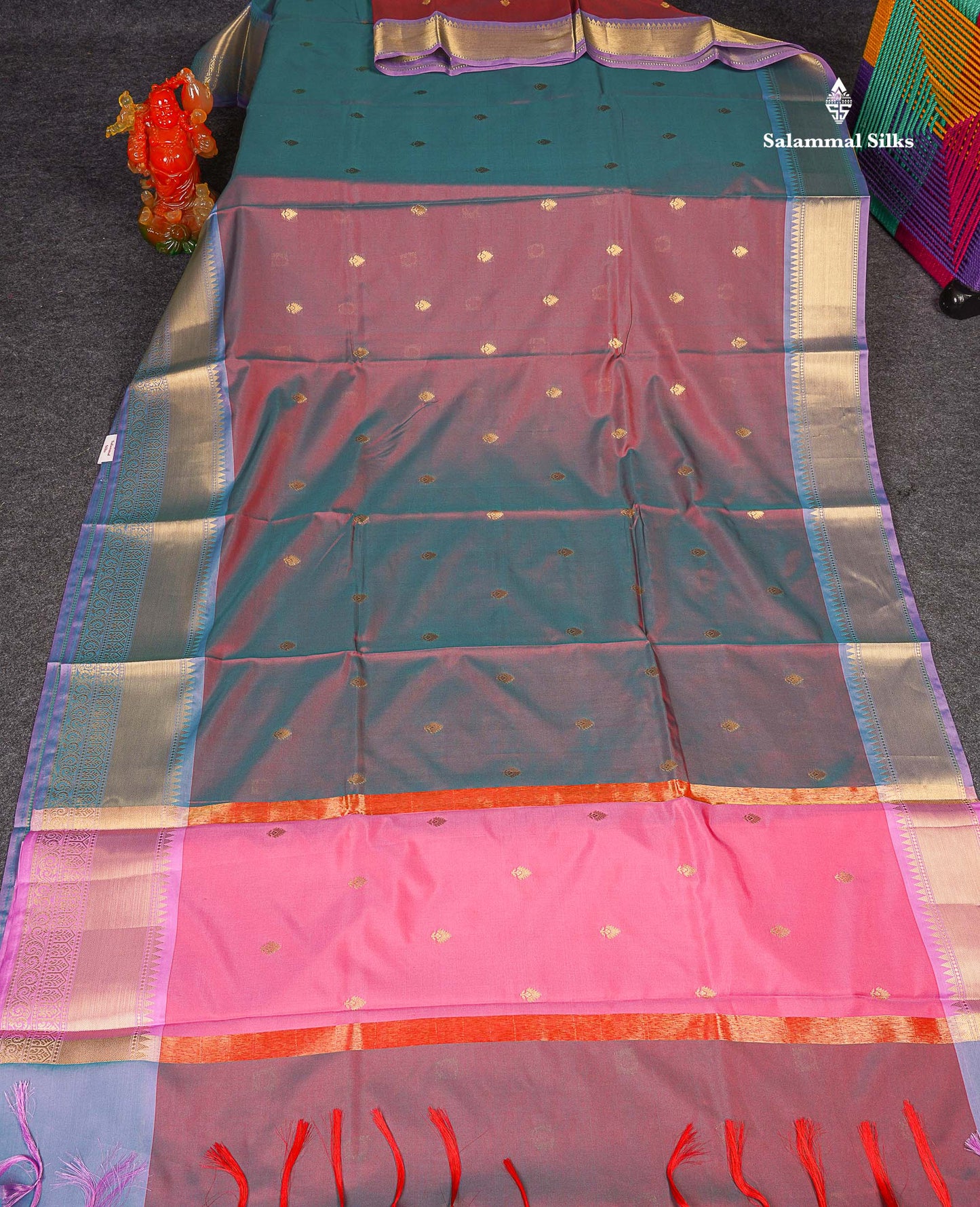 Semi Silk Saree - Dual Tone Teal Blue Colour Body Zari Butta With Contrast Light Pink Blouse