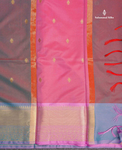 Semi Silk Saree - Rani Pink Colour Body Zari Butta With Contrast Light Pink Blouse