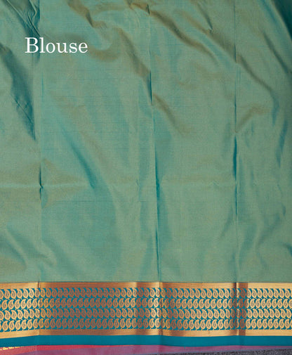 Beautiful Orange Zari Butta Semi Silk Saree With Contrast Sapphire Green Blouse