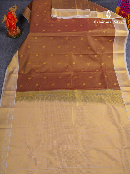 Beautiful Brown Tiny Vaira Oosi Checks Semi Silk Saree With Contrast Cream Sandal Traditional Border