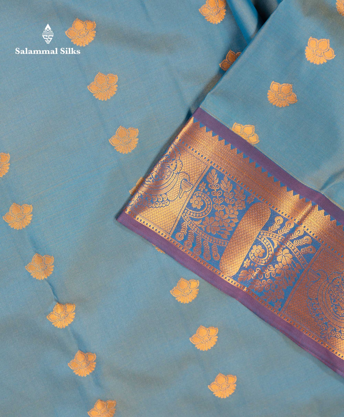 Beautiful Light Blue Semi Silk Saree With Contrast Light Violet Traditional Border