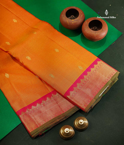 Beautiful Mango Yellow Vaira Oosi Lines With Butta Pure Kanjivaram Silk Saree With Contrast Pink Traditional Medium Border