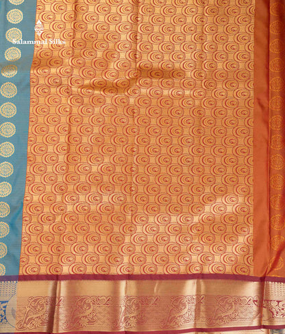 Beautiful Pastel Blue Zari Butta Semi Silk Saree With Contrast Magenta Traditional Border