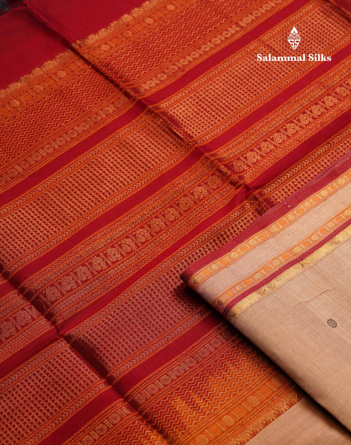 Beautiful Sandal Thread Butta Pure Silk Cotton Saree With Contrast Maroon Traditional Border