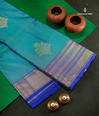 Dual Tone Rama Blue Vaira Oosi Small Checks Pure Kanjivaram Silk Saree With Contrast Violet Border