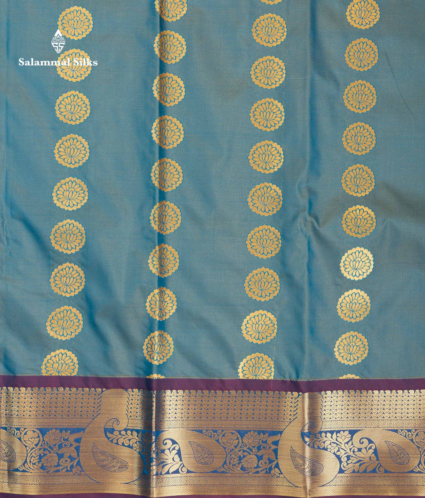 Beautiful Pastel Blue Zari Butta Semi Silk Saree With Contrast Magenta Traditional Border