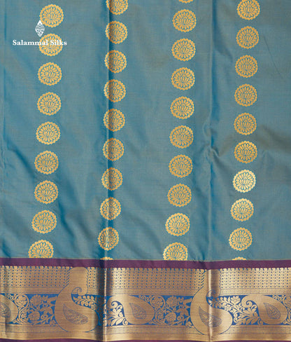 Beautiful Pastel Blue Zari Butta Semi Silk Saree With Contrast Magenta Traditional Border