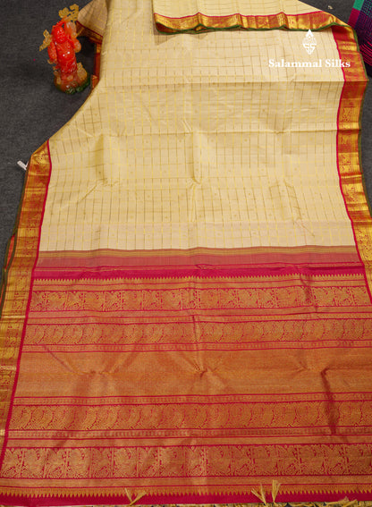 Beautiful Korvai Yellow Checks With Butta Pure Kanjivaram Silk Saree With Contrast Reddish Maroon Traditional Border