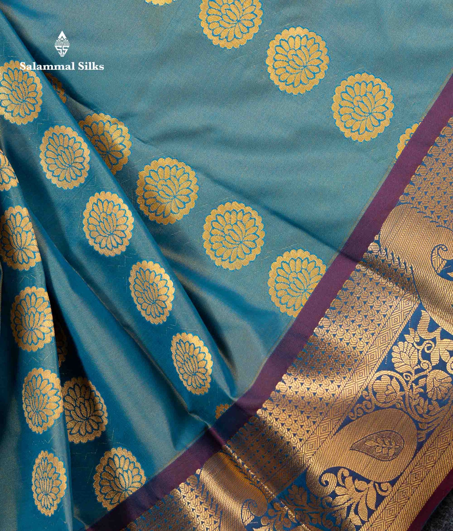 Beautiful Pastel Blue Zari Butta Semi Silk Saree With Contrast Magenta Traditional Border